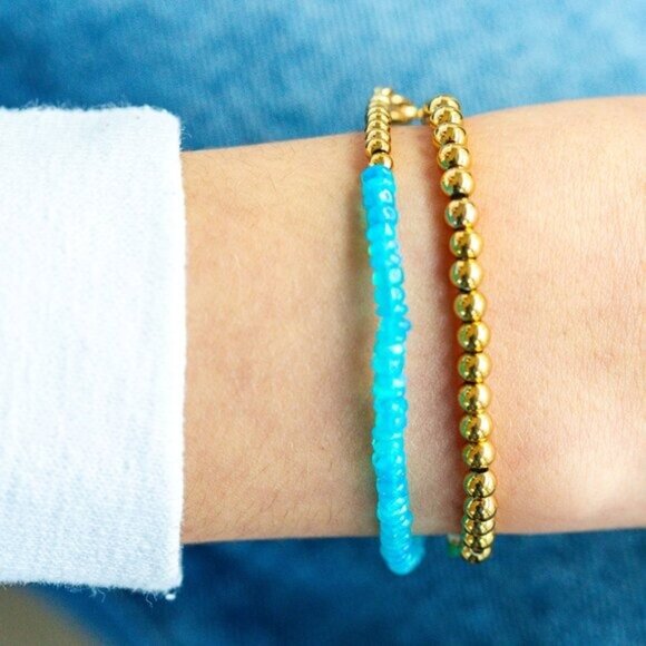 Blue Fire Opal Beaded Bracelet Gold Chain Waterproof Ethiopian Opal Bracelet - Picture 5 of 12